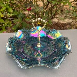 Vintage iridescent blue carnival glass one tier tray